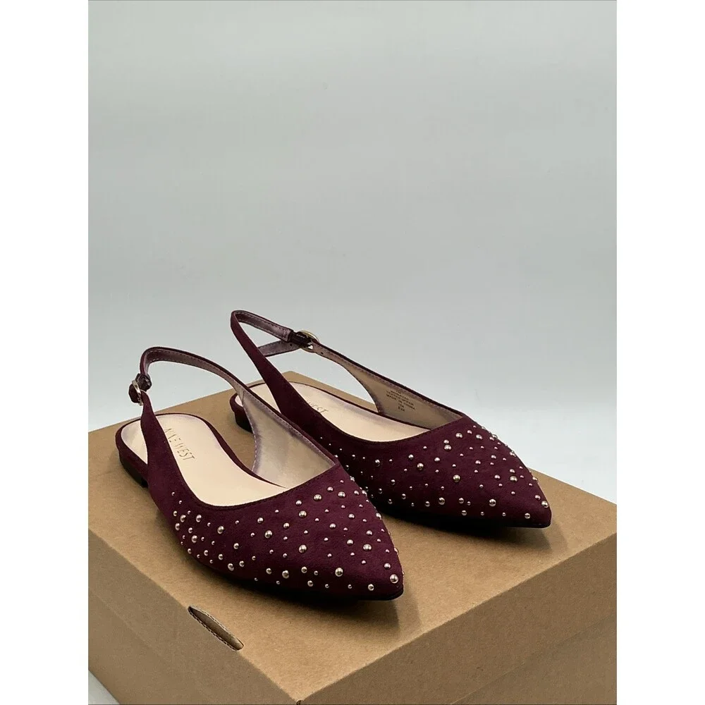 Nine West Baya Flats Women's 7 M Burgundy Studded Pointed Toe Slingback Eby4495